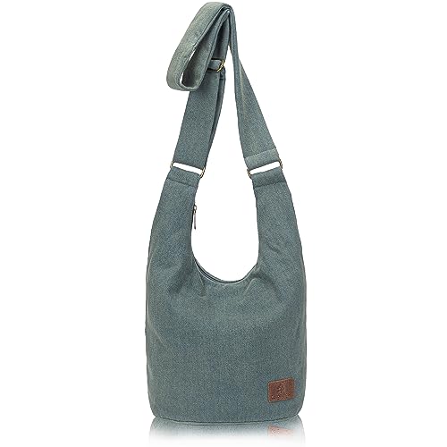 Coton Pose Women Hippie Crossbody Bag - Top Zip Large Capacity Canvas Sling Bag - Jacquard Cloth Handmade - color: Denim Green