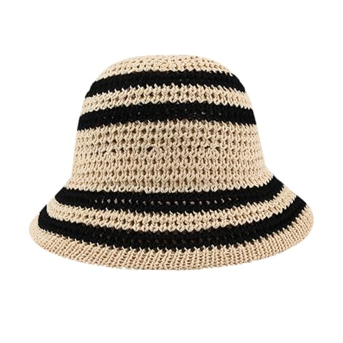 Summer Straw Sun Hat for Women Outdoor Striped Sun Protection Beach Bucket Hat - color: Beige