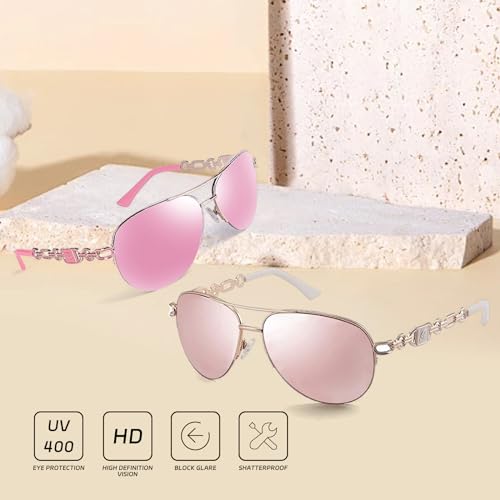 FONHCOO Aviator Sunglasses for Women Men Metal Frame UV400 Mirrored Sunglasses - color: Pink/White＆pink