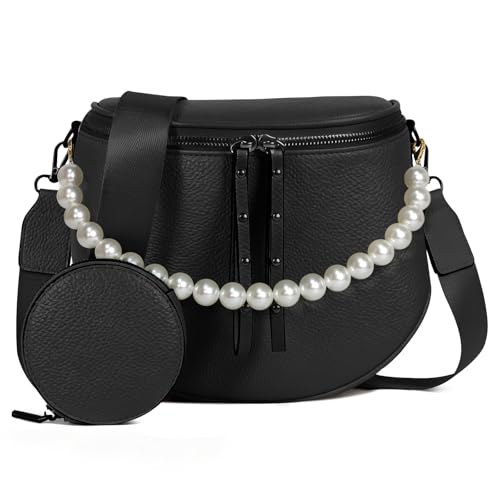 Crossbody Bags for Women, Large Vegan Leather Trendy Bum Bag - color: Black + Pearl Chain