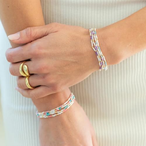 Dainty Gold Colorful Beaded Bracelets Stack for Women,4PCS Cute Bohemian Colorful Small Beads Stackable Stretch Bracelet Set Trendy Holiday Party Accessories Jewelry Gift Friendship - color: Pink Blue