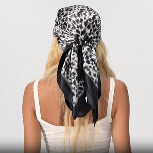 Leopard Print Head Scarf for Women Like Silk Satin Scarf for Hair Wrapping at Night Bandana Square Scarf 35 Inches - color: Blak White Leopard