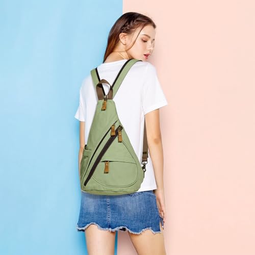 KL928 Canvas Sling Bag - Small Crossbody Backpack Shoulder Casual Daypack Rucksack for Men Women(MatchaGreen) - color: Canvas-matchagreen