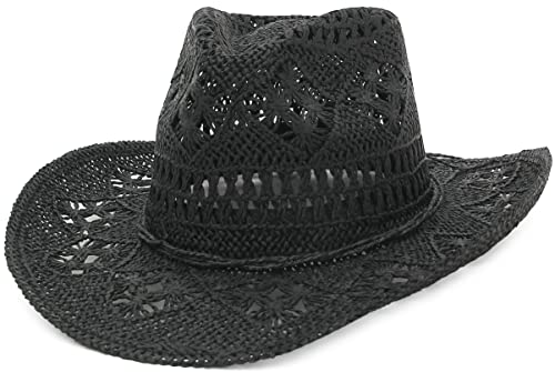 Men & Women's Summer Cowboy Cowgirl Straw Hat Hollow Out Woven Roll Up Wide Brim Sun Hat with Chin Strap - color: Black