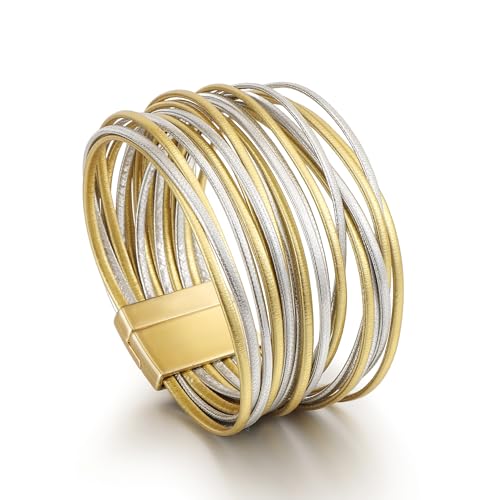 Edoneery Leather Wrap Bracelet for Women, Boho Handmade Multi-Layer Cuff with Crystal Beads Heart, Stackable Bangle Western Jewelry Gift - style: String Leather(GoldSilver)