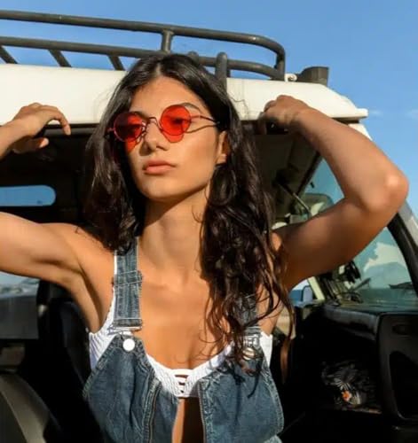 SORVINO Retro Small Round Sunglasses for Men Women Vintage Style Metal Frame - color: Red Frame/Red Lens