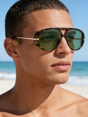 Trendy Retro Aviator Sunglasses with Side Shields for Women Men Oversized Plastic Round Large Vintage Shades - color: Tortoise Shell Frame, Green Lenses