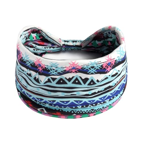 1 Pack Boho Headbands Stretch Paisley Print Bandana Headband Criss Cross Hair Bands Knotted Head Wrap Yoga Daily for Women and Girls (Blue Geometric) - color: Blue Geometric