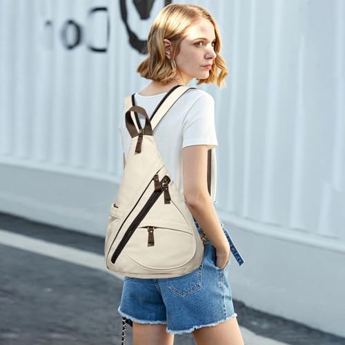 KL928 Canvas Sling Bag - Small Crossbody Backpack Shoulder Casual Daypack Rucksack for Men Women(Large Version,Beige) - color: Canvas-beige