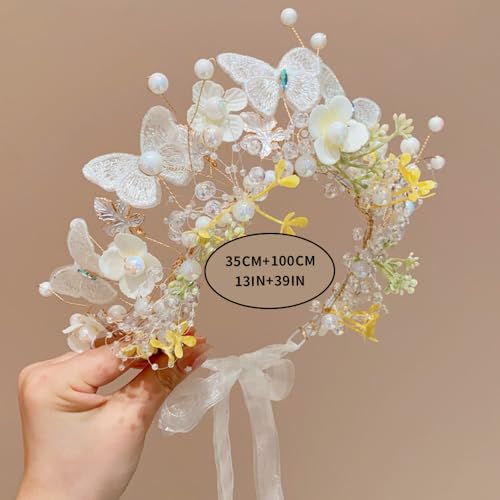 Boho Floral Crown for Women– Adjustable Faux Silk Flower Headband, Handmade Wedding Hair Accessory for Festivals & Photoshoots, Flower Hair Crown for Women (White Butterfly, Adjustable) - color: White Butterfly