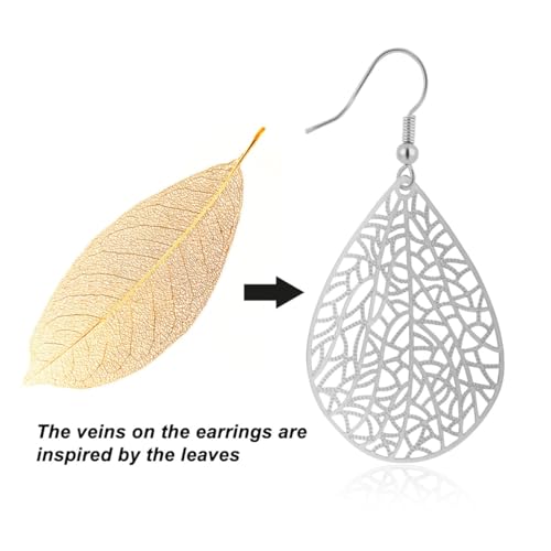 Teardrop Earrings for Women, 14K Plated Dangle Earrings Handmade Filigree Teardrop Dangling Earrings Ginkgo Hypoallergenic 925 Sterling Leaf Earrings for women - color: Silver