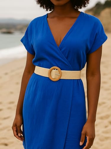 2/4 Pack Straw Woven Elastic Stretchy Waist Belts for Women, Fashion Boho Waist Belt Rattan Raffia Ladies Belts - color: Pattern2, size: Medium