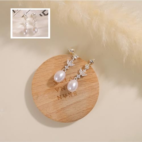 Hayopi Pearl Earrings for Women - Dainty Gold Dangle Drop Earrings, 14k Gold Plated Cute Bow Design, Hypoallergenic Pearl Studs, Wedding Jewelry Gifts - color: silver-silver 3 leaf earrings