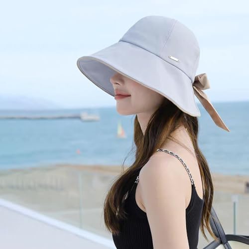 Wide Brim Hats for Woman Foldable Hats Sun Hats for Women uv Protection Bowknot Bucket hat Adjustable hat with Ponytail Hole - color: Grey