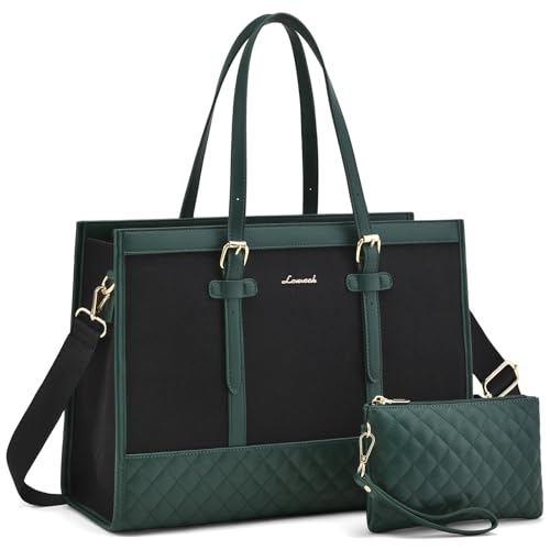 LOVEVOOK Laptop Bag for Women 15.6 inch Canvas Laptop Tote Bag, Large Capacity Work Bags with Clutch Purse, Computer Bags Office Business Briefcase, Casual Handbag for Travel College Teacher - color: Green & Black, size: 15.6 inch