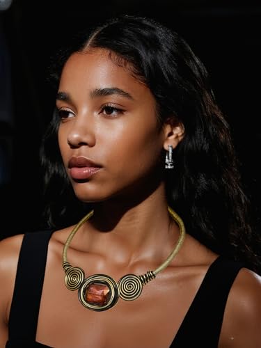 Chunky African Costume Necklace for Women - Colorful Ethnic Boho Bib Collar Choker,Tribal Wire Wrapped Big Stone Crystal Statement Handmade Jewelry - color: gold black