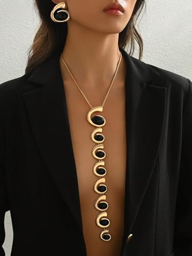 Gold Jewelry Set, Silver Black Boho Western Chunky Vintage Pendant Necklace Stack Trendy Adjustable Non Tarnish Cowgirl Dainty Hypoallergenic Earrings Jewelry Sets For Women - color: GoldSet-long