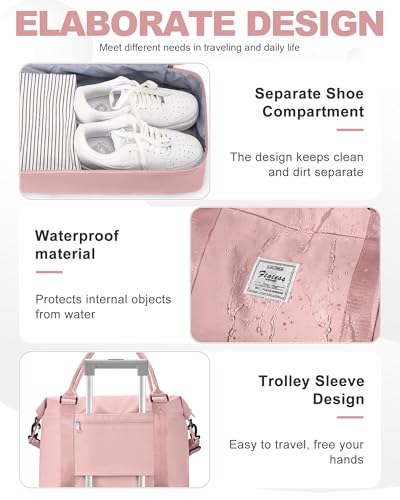 Travel Duffel Bag, 18x14x8 Inches Travel Bag Spirit with Shoes Compartment, Weekender Overnight Bag for Women with Trolley Sleeve, Carry On Bag for Airplanes Sport Tote Gym Bag Pink - color: H2-Pink, size: Large