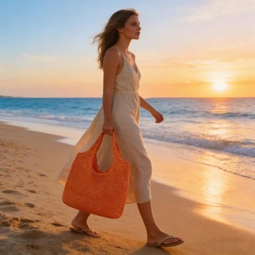 Hand-woven Soft Large Straw Shoulder Bag Boho Straw Handle Tote Retro Summer Beach Bag Rattan Handbag - color: Orange