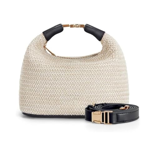 Straw Crossbody Bag for Women, Summer Raffia Handbag Top Handle Woven Tote Purse Vacation Handmade Bucket Clutch Bag - color: Beige Black