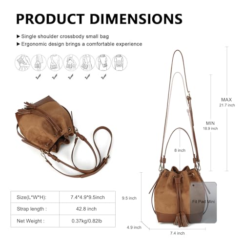 AFKOMST Faux Suede Bucket Bags and Drawstring Crossbody Purse for Women Medium Tote Handbags with 2 Shouder Straps | Fit Pad mini, Long Wallet, Removable Long Strap - color: Brown