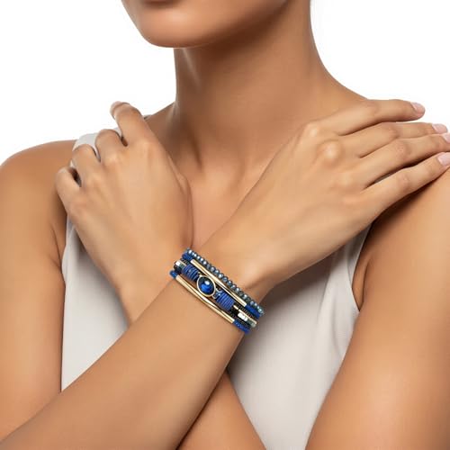 Edoneery Leather Wrap Bracelet for Women, Boho Handmade Multi-Layer Cuff with Crystal Beads Heart, Stackable Bangle Western Jewelry Gift - style: Crystal(Blue)