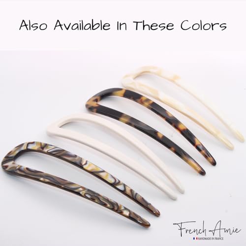 French Amie Slick Silver Onyx Grey Large 4 1/4" Handmade Cellulose Acetate No Slip Grip Metal Free Chignon U Hair Pin Stick for Women and Girls, Made in France - color: Onyx Silver Grey