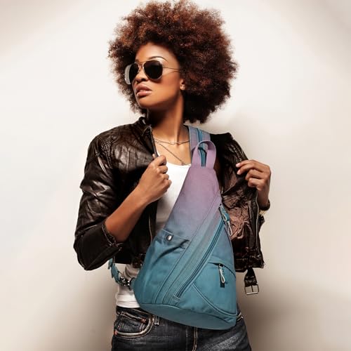 KL928 Canvas Sling Bag - Small Crossbody Backpack Shoulder Casual Daypack Rucksack for Men Women(Large Version, Violet+GrayishBlue) - color: Canvas-violet+grayishblue