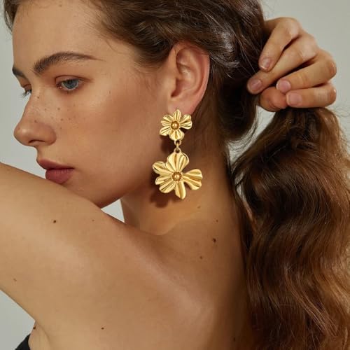 Gold Statement Earrings For Women 18K Gold Plated Sectored Flower Leaf Shell Angel Wing Earring Large Stud Earrings Hypoallergenic Stud - color: Flower Drop Earrings
