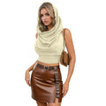 Boho Raw-Edge Crop Top – Adjustable Halter with Open Back & Cross-Wrap Design, 100% Cotton Beach Cover Up - color: Beige