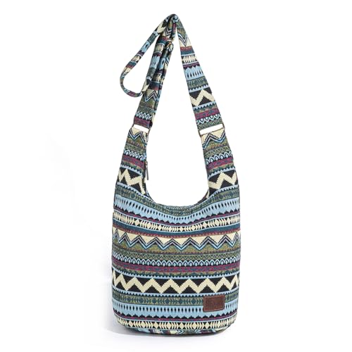 Coton Pose Women Hippie Crossbody Bag - Top Zip Large Capacity Canvas Sling Bag - Jacquard Cloth Handmade - color: Boho Green