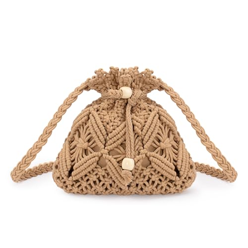 Peicees Drawstring Crochet Bag Purse- Woven Crossbody Purse For Women Summer Beach Vacation Travel Boho Shoulder Bag Small - color: Khaki
