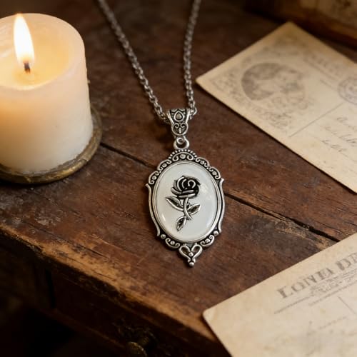 Gothic Vintage Gem Pendant Necklace | Victorian Style Filigree Silver-Tone Jewelry | Ideal Gift for Party Cosplay & Daily Wear - color: White Rose