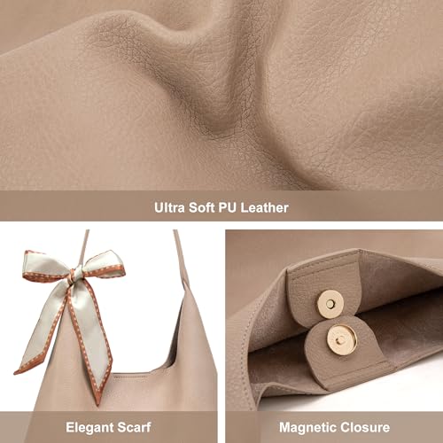 Montana West Slouchy Hobo Bag for Women Shoulder Purses and Handbags with Scarf - color: Mousse Tan