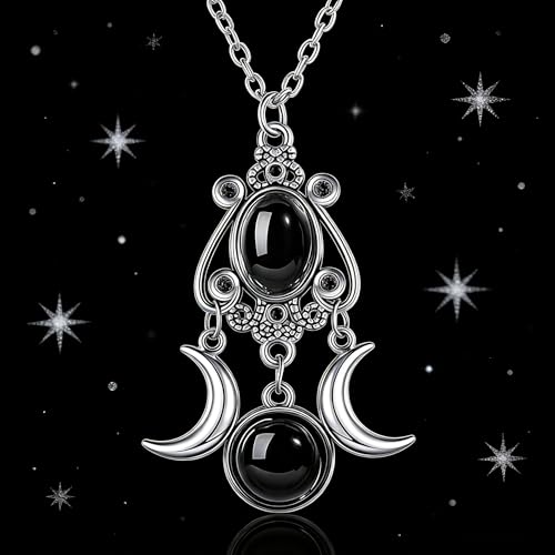 Gothic Vintage Gem Pendant Necklace | Victorian Style Filigree Silver-Tone Jewelry | Ideal Gift for Party Cosplay & Daily Wear - color: Black Triple Moon
