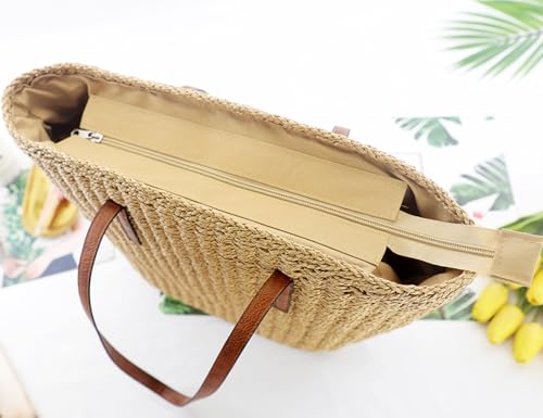 Beaguful Women's Shoulder Handbags Beach Chic Tote Purse Leisure Vacation Hobo Bag with Zipper Closure - color: Light Brown