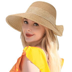 Beach Sun Straw Hats for Women, UPF 50+ UV Sun Protection Wide Brim Summer Straw Hat Foldable Packable Roll up Cap - color: Khaki Bow