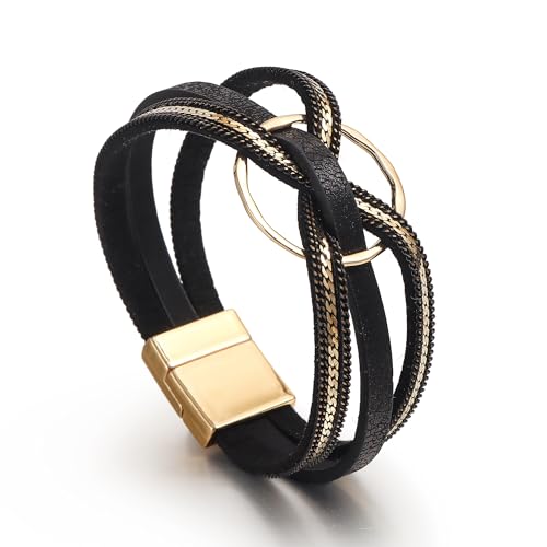 Edoneery Leather Wrap Bracelet for Women, Boho Handmade Multi-Layer Cuff with Crystal Beads Heart, Stackable Bangle Western Jewelry Gift - style: Circle(Black)