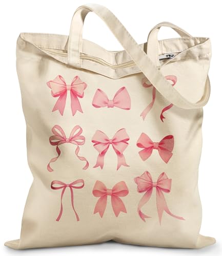 Miss Adola Canvas Tote Bag with Zipper – Cute Canvas Bags for Women Aesthetic Design Reusable Totes for Shopping Work Travel - style: Pk Bow Knot