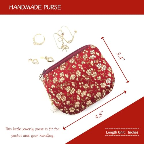 Handmade Women Coin Purse Rosary Pouch Silk Jewelry Bag Brocade Zipper Wallet -Crimson - color: Crimson