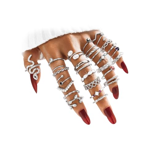 Gold Boho Sparkle Knuckle Rings Set For Women, Vintage Fashion Aesthetic Trendy Joint Snake Ring Pack, Retro Green Black Pink Colorful Rhinestone Star Crystal Leaf Diamond Pearl Jewelry - color: Gold