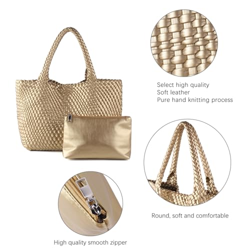Handmade Woven Bag Satchel Handbag For Women Vegan Leather Tote Bag With Purses Travel Shoulder Bag Underarm Bag - color: Gold