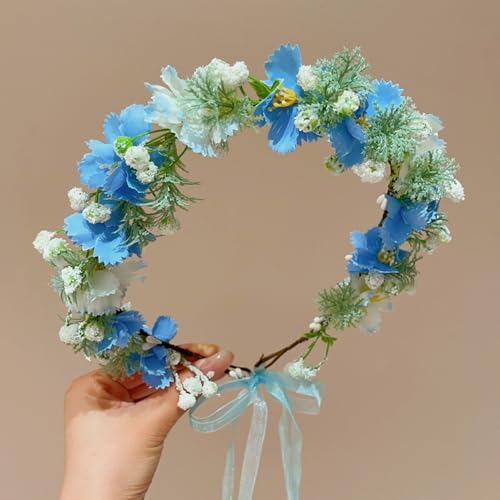 Boho Floral Crown for Women– Adjustable Faux Silk Flower Headband, Handmade Wedding Hair Accessory for Festivals & Photoshoots, Flower Hair Crown for Women (Blue White Flower Leaf, Adjustable) - color: Blue White Flower Leaf