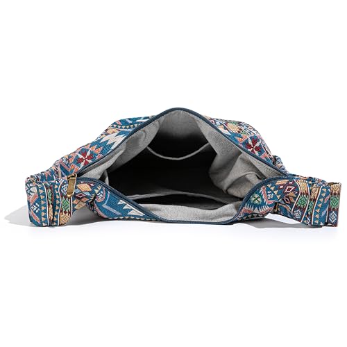 Coton Pose Women Hippie Crossbody Bag - Top Zip Large Capacity Canvas Sling Bag - Jacquard Cloth Handmade - color: Boho Blue