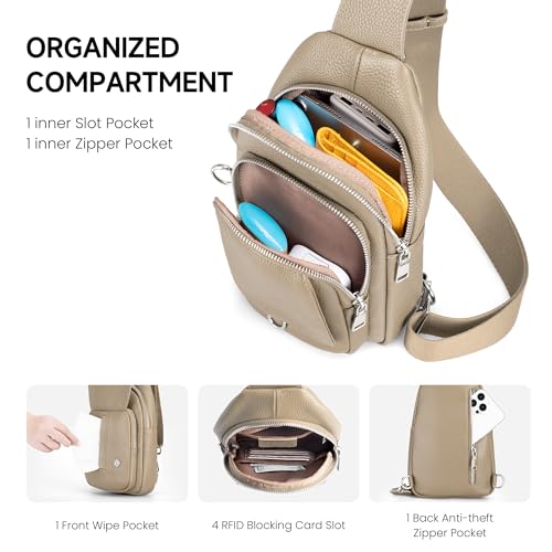 befen Anti Theft Genuine Leather Sling Bag for Women RFID Small Crossbody Bag Chest Bag Leather Fanny Packs for Travel - color: Taupe