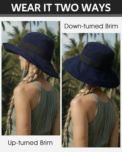 Senker Fashion Sun Hats for Women UV Protection, Waterproof Ponytail Wide Brim Bucket Hat for Summer Beach Gardening Travel - color: Blue