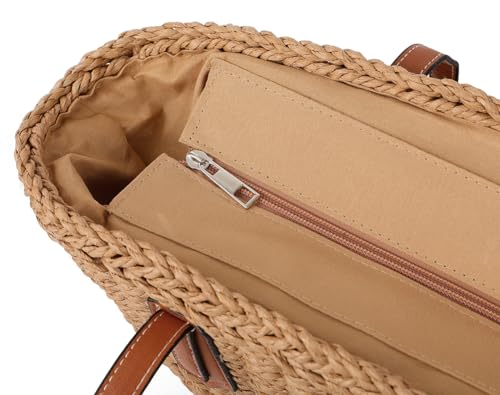 Women's Straw Shoulder Bag Large Rattan Woven Totes Summer Travel Beach Handbag Handmade Top Handle Purse - color: Beige