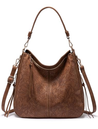 Realer Hobo Crossbody Bags for Women Designer Faux Leather Hobo Handbags Retro Large Size Shoulder Bag Bucket Purse - color: Brown Flower, size: Medium-12.4 inch