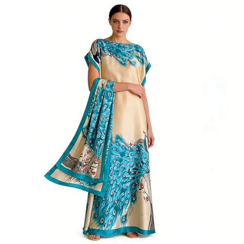 Women's Print Kaftan & Scarf Set, Boat Neck Silky Shawl Dress, Elegant Boho Chic Cape Wrap for Swimsuit Cover Up