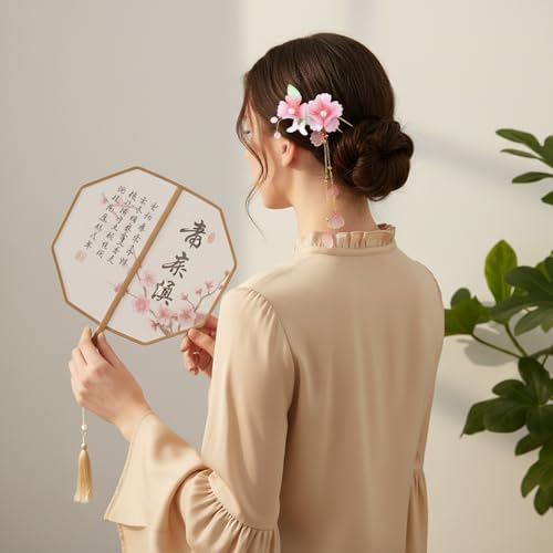 Chinese Dangling Hair Sticks Pink Flower Hairpin with Tassel Ancient Peach Blossom Hanfu Style Hair Fork Retro Flower HairClip Resin Handmade Bridal Pins Ornaments Stick for Women Girls